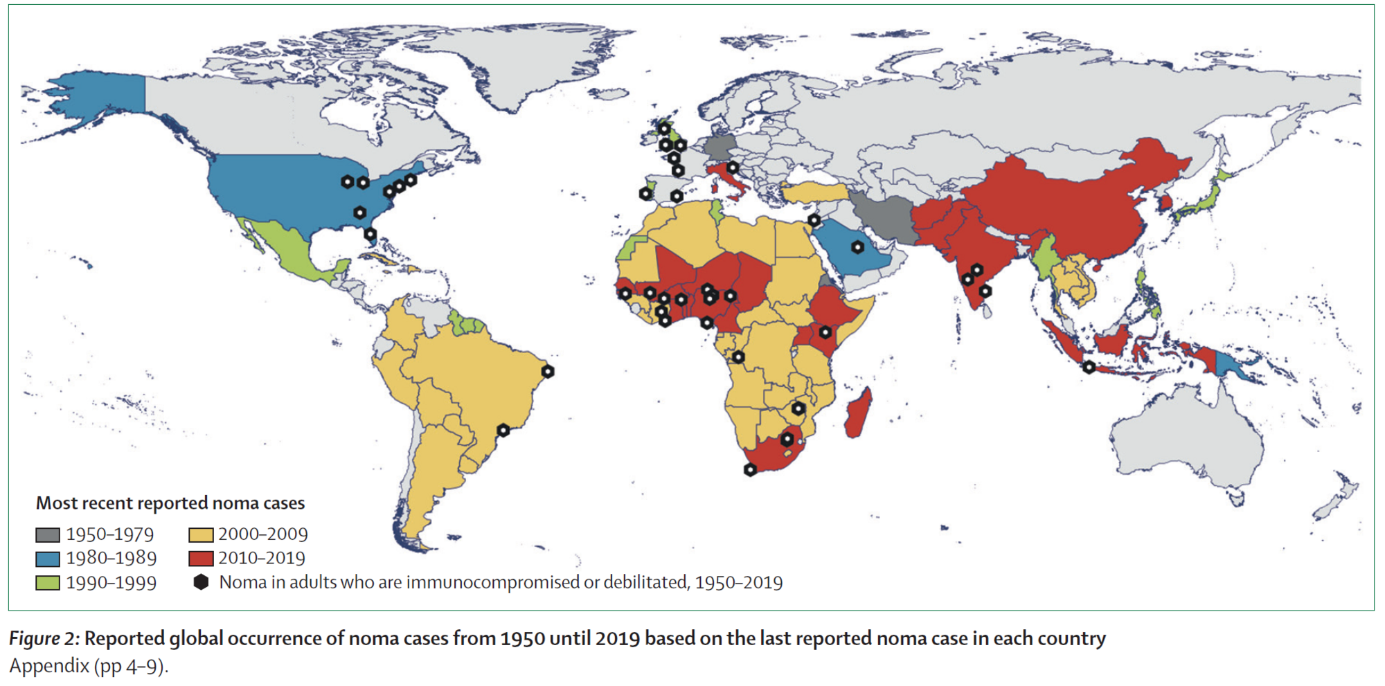 Reported global occurence of noma cases from 1950 until 2019