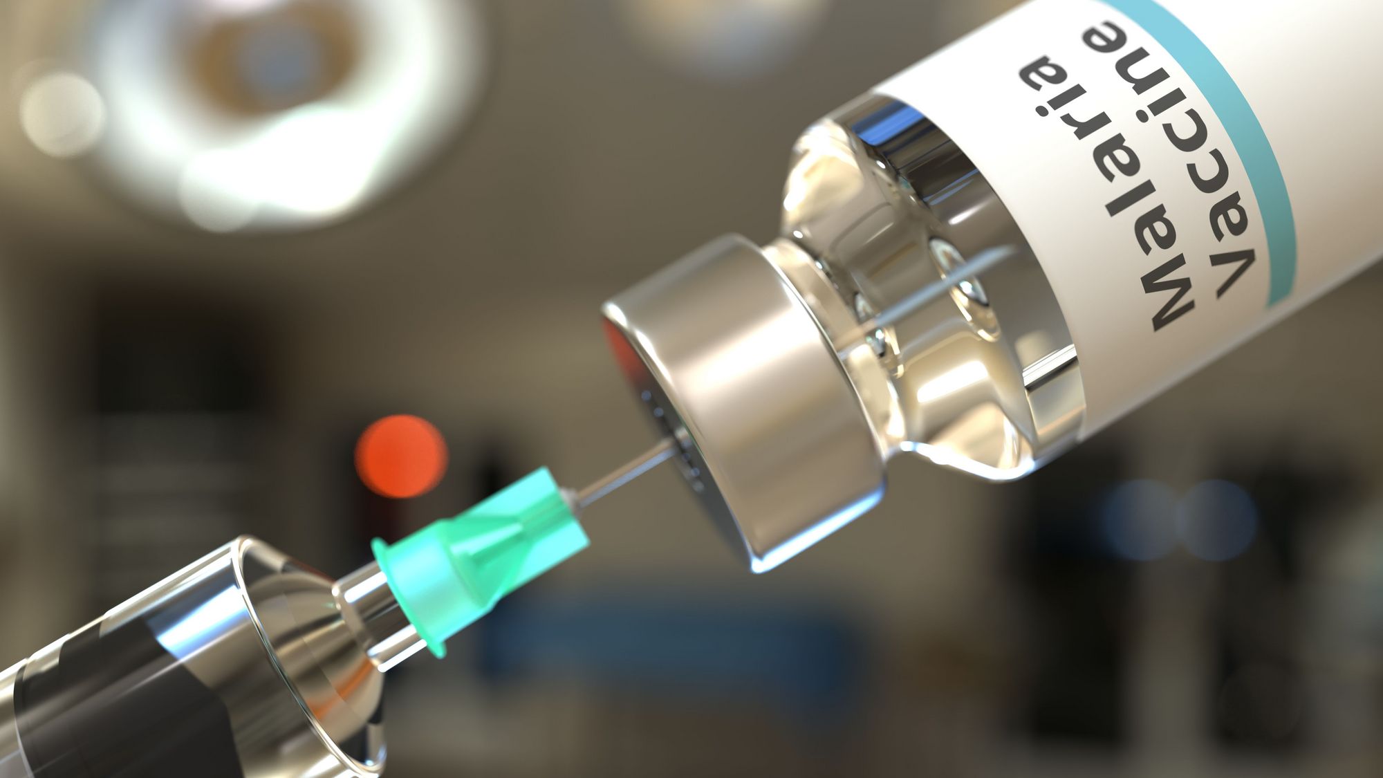 Medical bottle with malaria vaccine and syringe or doctor, 3D rendering Medical bottle with malaria vaccine and syringe or doctor, 3D rendering