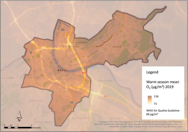 Modelled ozone pollution (O3) in summer 2019, average value per 25 m x 25 m.