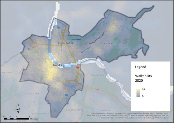 Modelled accessibility index in 2020, average value per 100 m x 100 m.