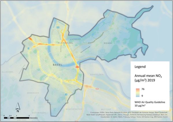 Modelled NO2 pollution in 2019, annual average per 25 m x 25 m.
