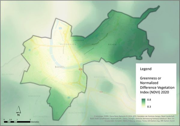 Modelled green space index in 2020, average value per 250 m x 250 m.