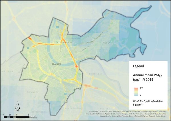 Modelled fine particulate matter (PM2.5) pollution in 2019, annual average per 25 m x 25 m.