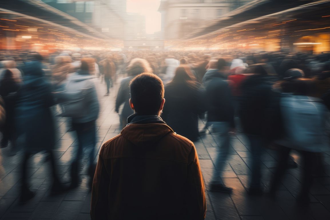 Man looking at the crowds rushing past