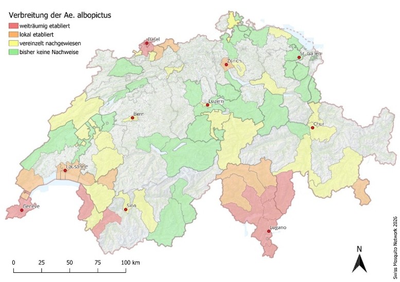 Geographical distribution of the Asian tiger mosquito in Switzerland by district end 2025 (Source: Swiss Mosquito Network)