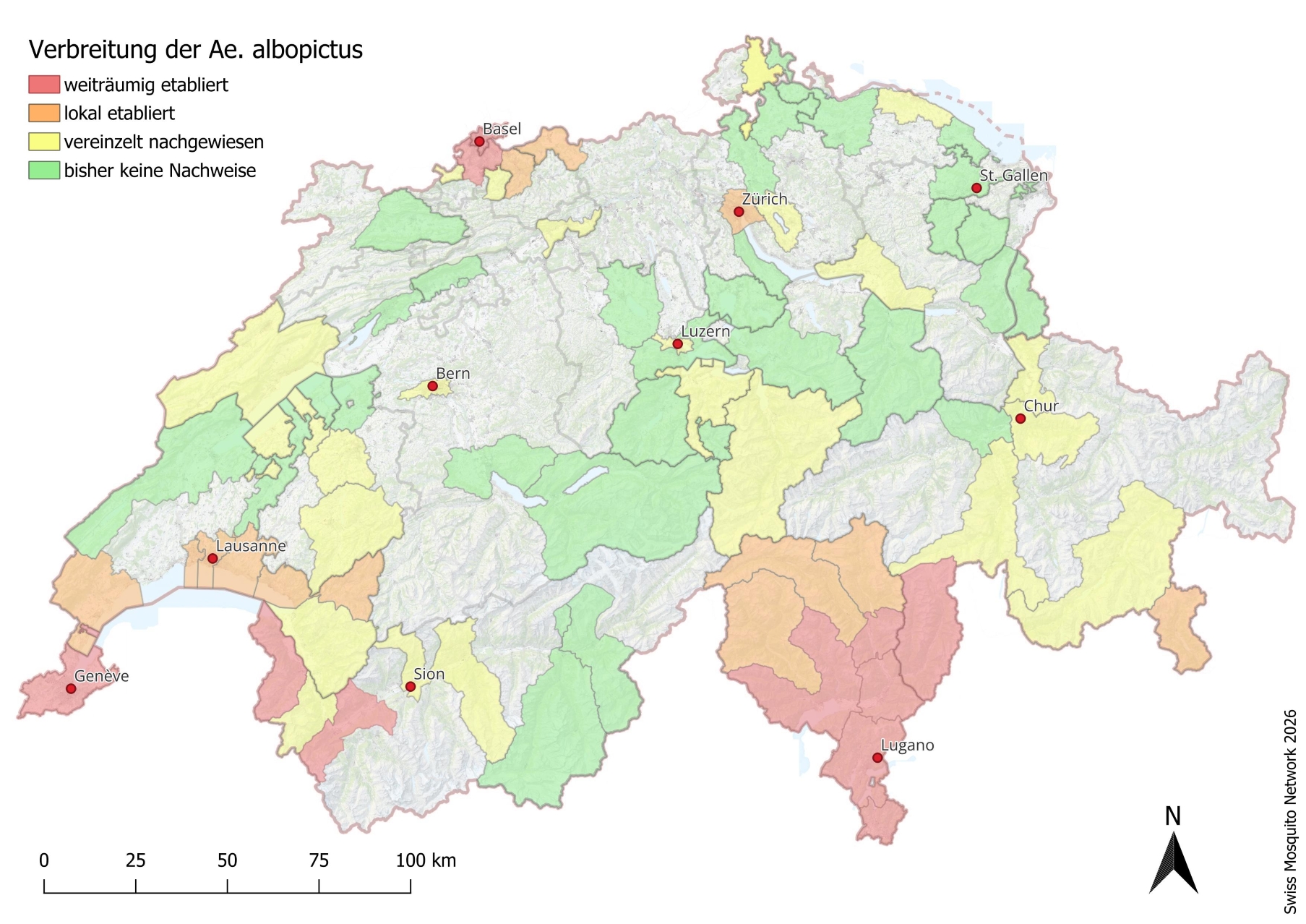 Geographical distribution of the Asian tiger mosquito in Switzerland by district as of the end of 2025
